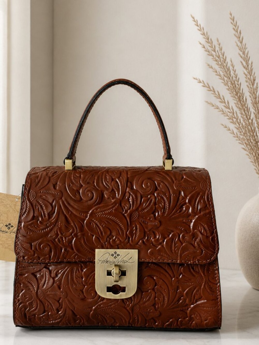 Patricia Nash Leather Tooled Chauny Handbag Florence Brown Top Handle NWT